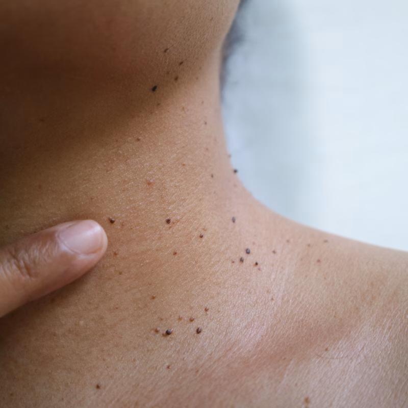 Close-up of skin tags on a woman's neck, also known as acrochordons, which are benign and painless skin growths, highlighting a healthcare concept and Thermo-Lo treatment option